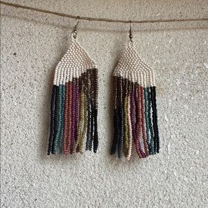 Handmade Beaded Fringe Earrings - Cream & Multicolor
